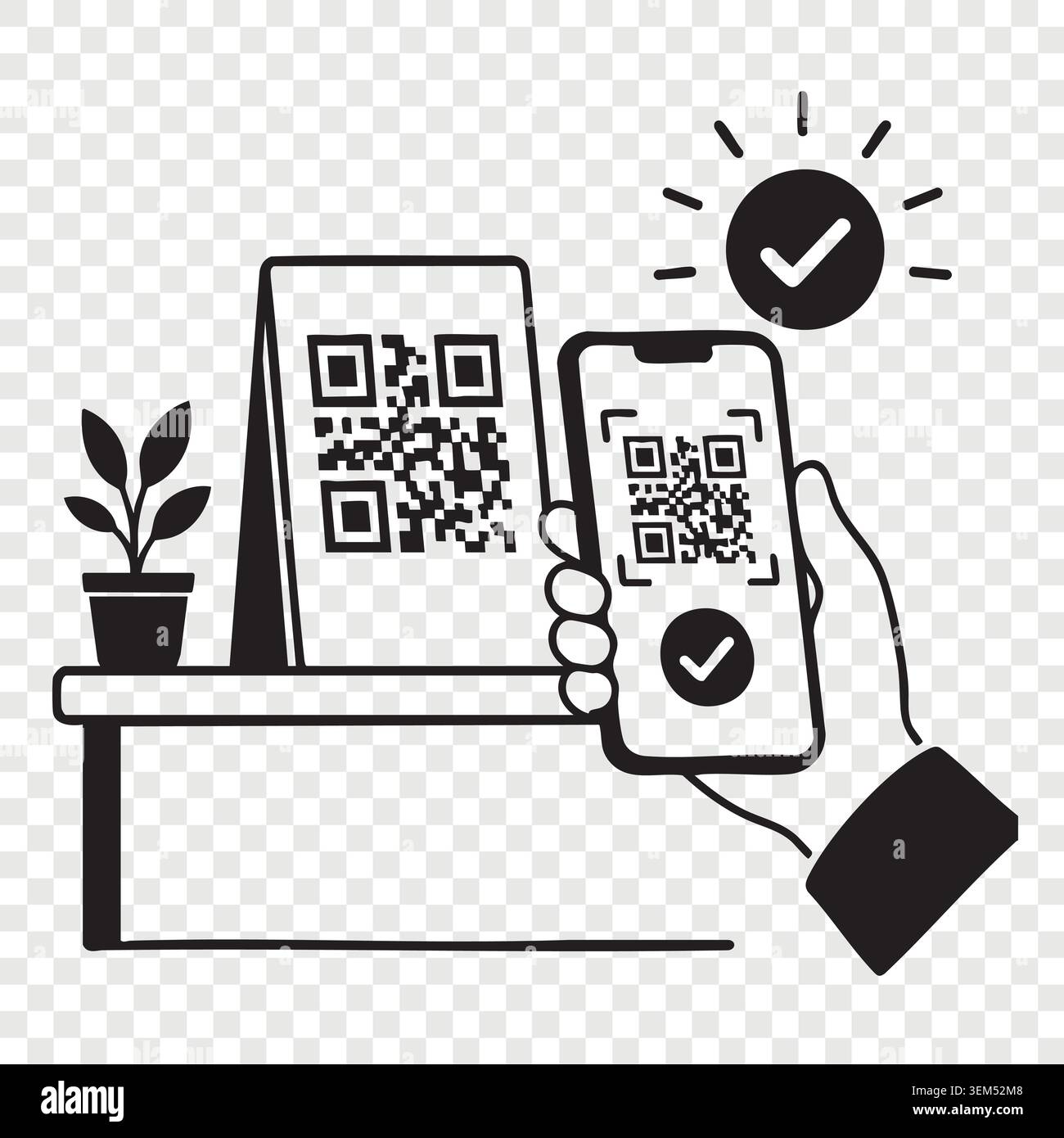 Customer scanning qr code on desk stand using smartphone screen for digital payment Stock Vector