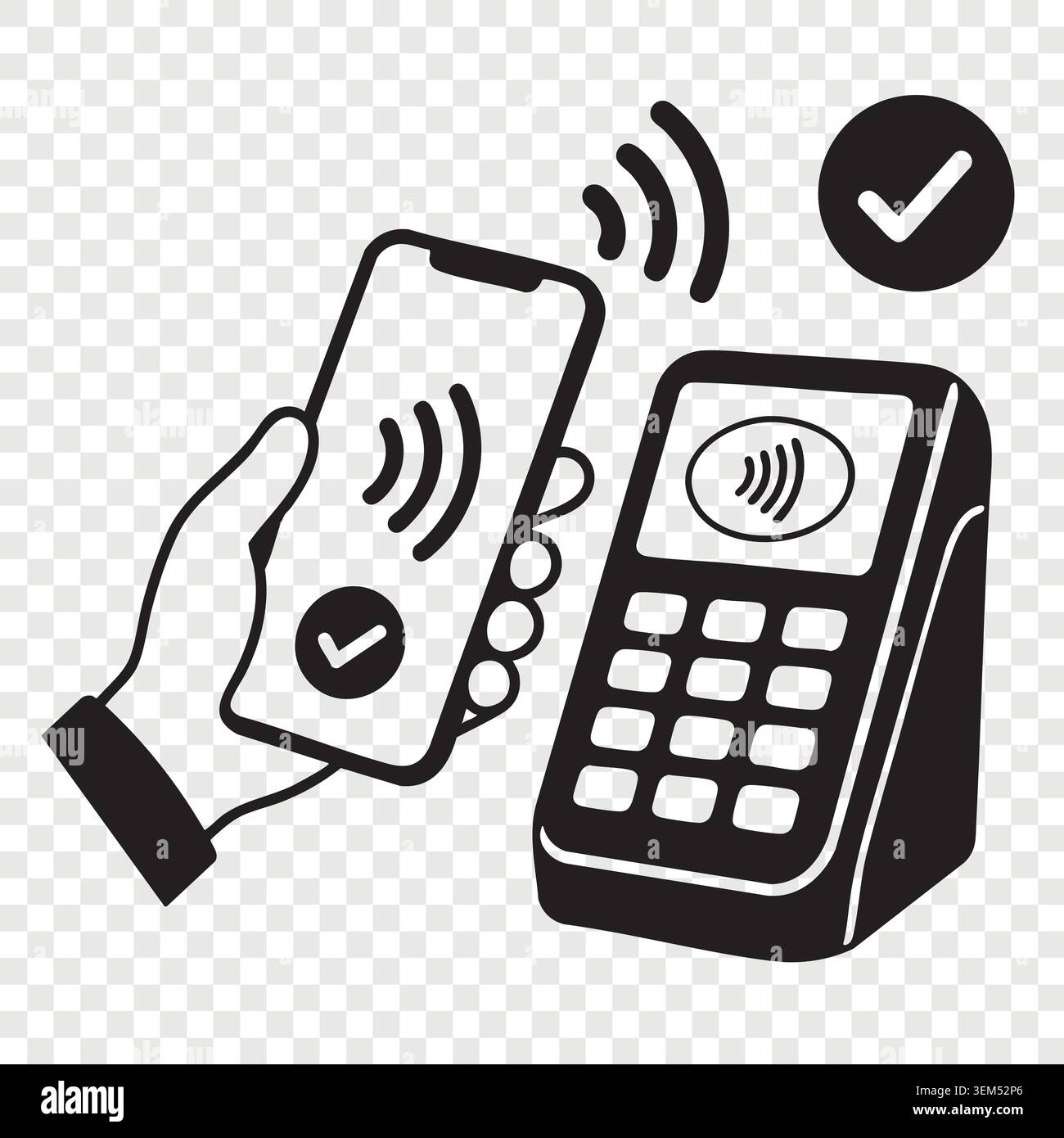 Hand holding smartphone for contactless payment near wireless pos terminal with waves Stock Vector