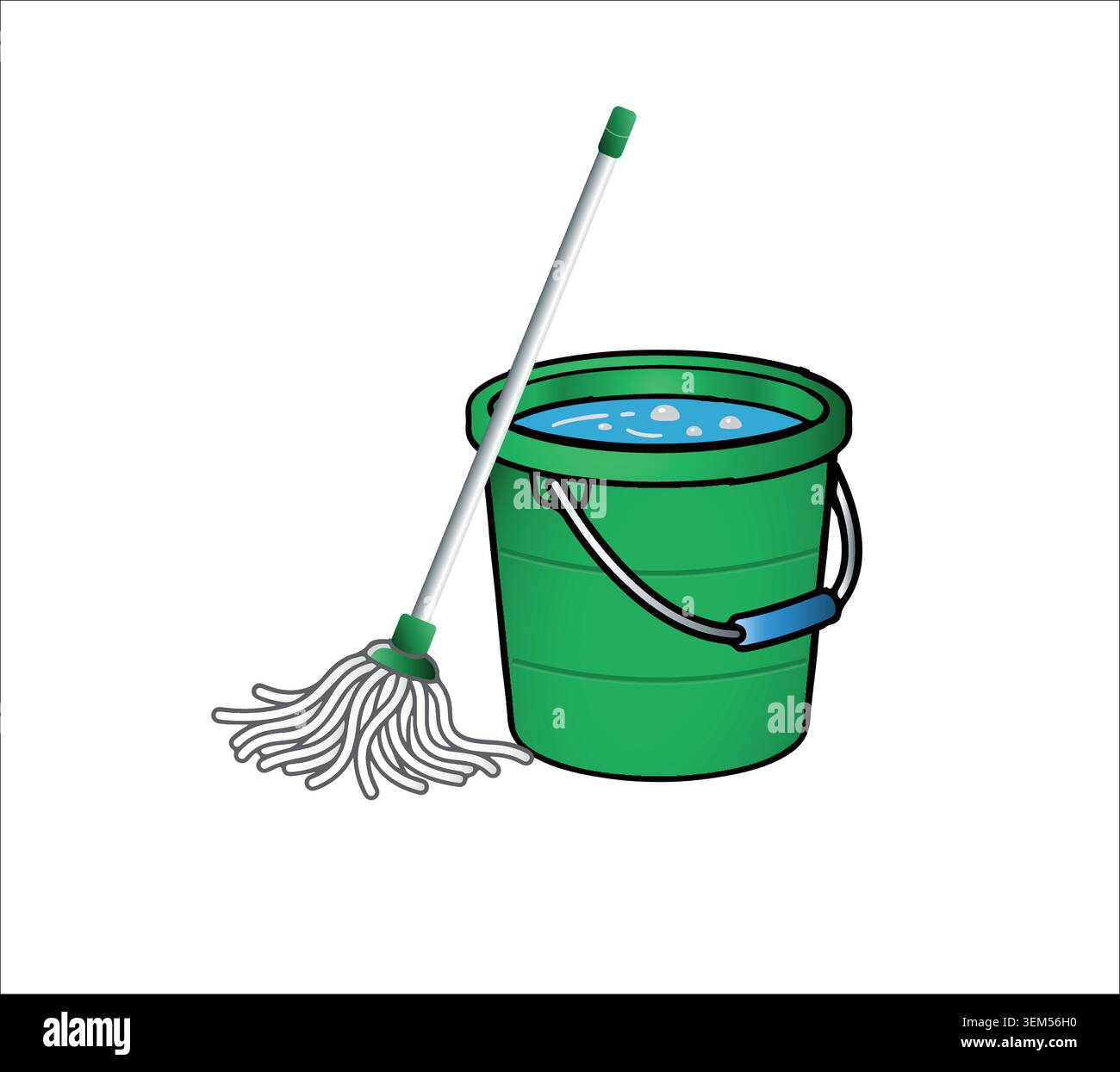 Vector illustration of a white string mop leaning against a green plastic bucket filled with soapy blue water, isolated on a white background. Stock Vector