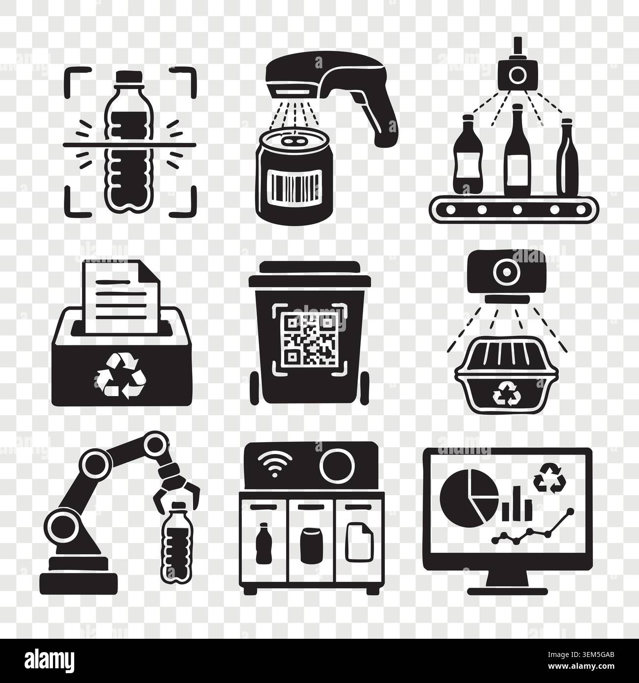 Smart recycling system icons set with barcode scanning plastic bottles ...