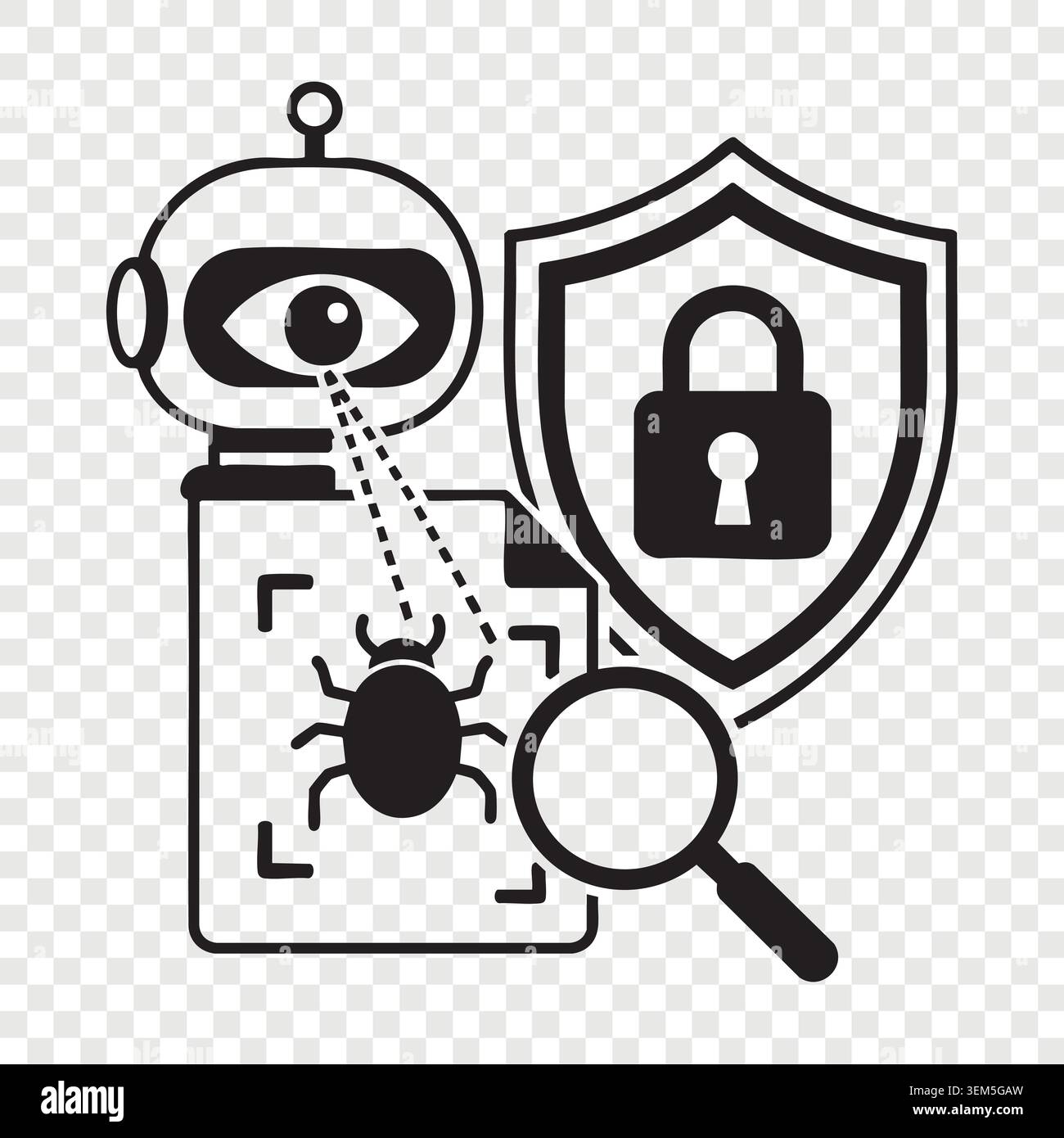 Cyber security artificial intelligence robot scanning software code to detect system bug under protection shield Stock Vector