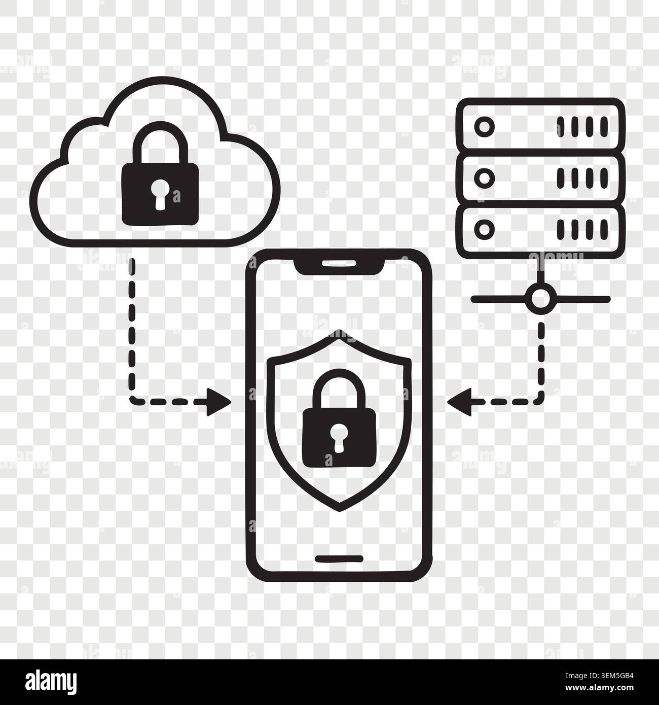 Cloud storage synchronization with smartphone screen lock data protection and web hosting server racks Stock Vector