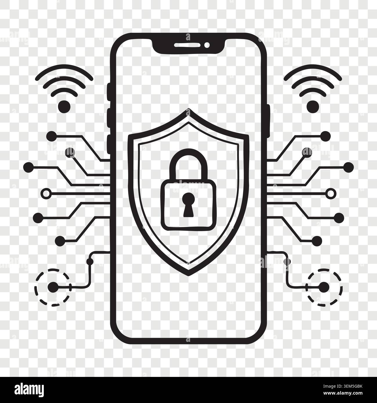 Smartphone security screen lock shield protecting digital information over wireless network connection Stock Vector