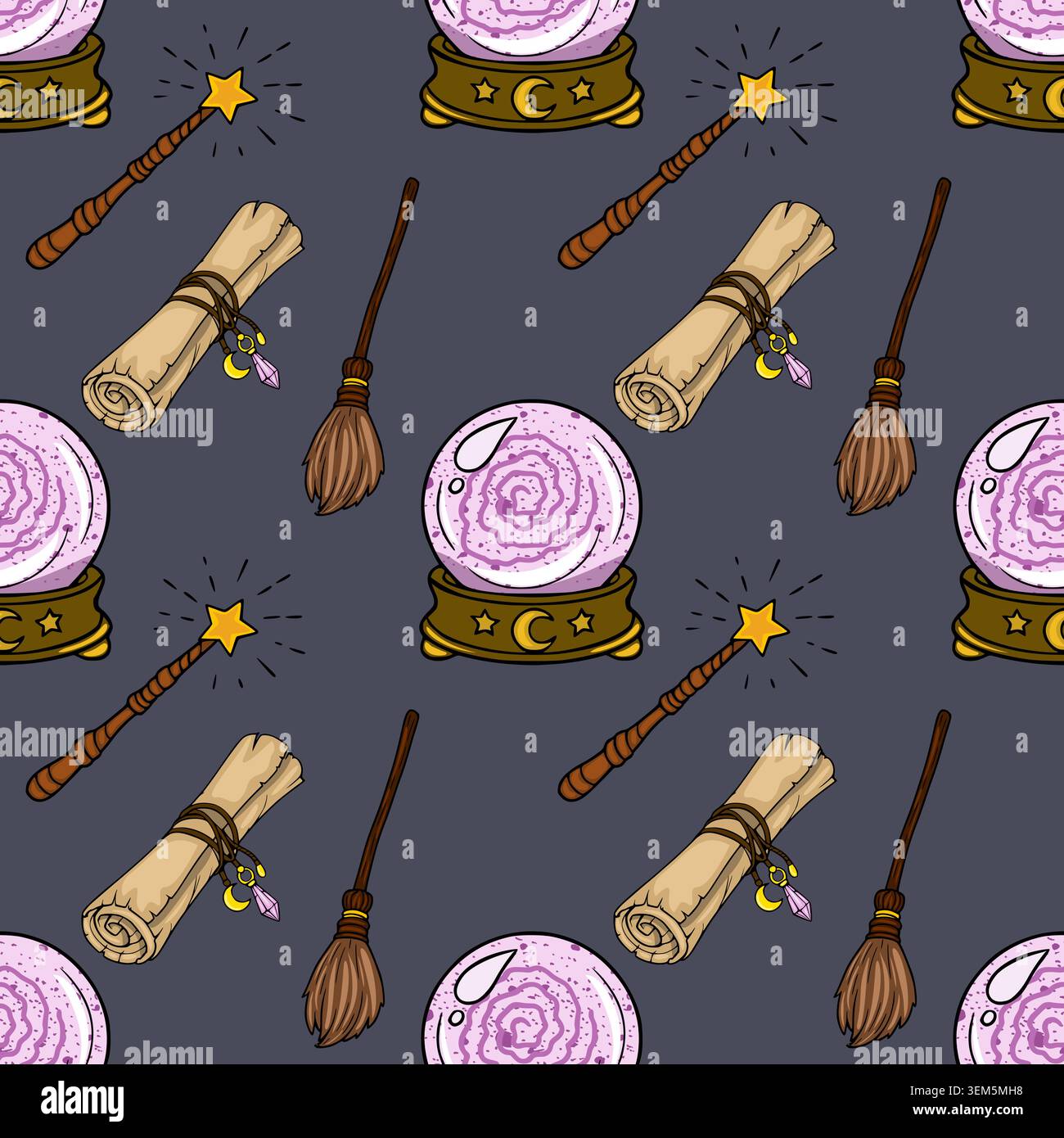 Whimsical magic vector pattern with crystal ball, wand, broom, and scroll Stock Vector