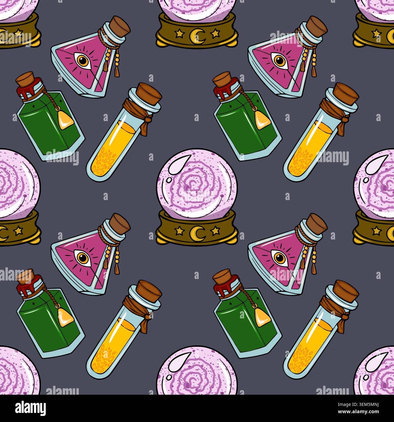 Mystical potion and crystal ball seamless pattern vector illustration Stock Vector