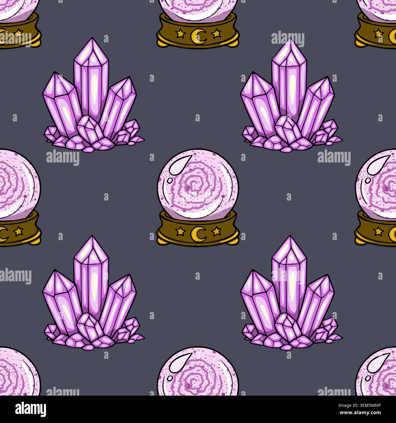 Mystical purple crystal and fortune teller orb seamless vector pattern Stock Vector
