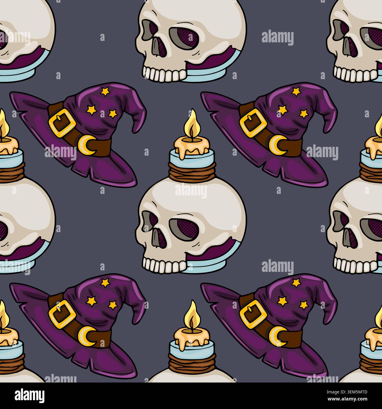 Spooky Halloween vector pattern with witch hats, skulls, and candles Stock Vector