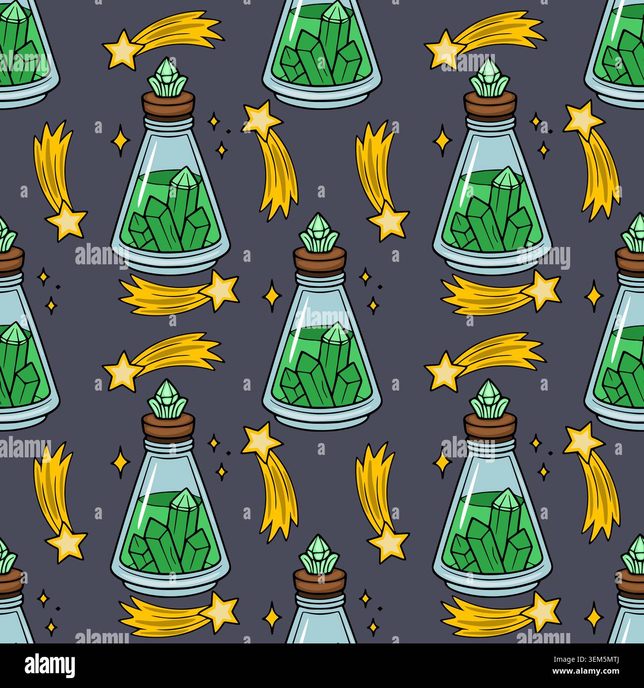Seamless vector pattern of magic potion bottles filled with green crystals and shooting stars Stock Vector