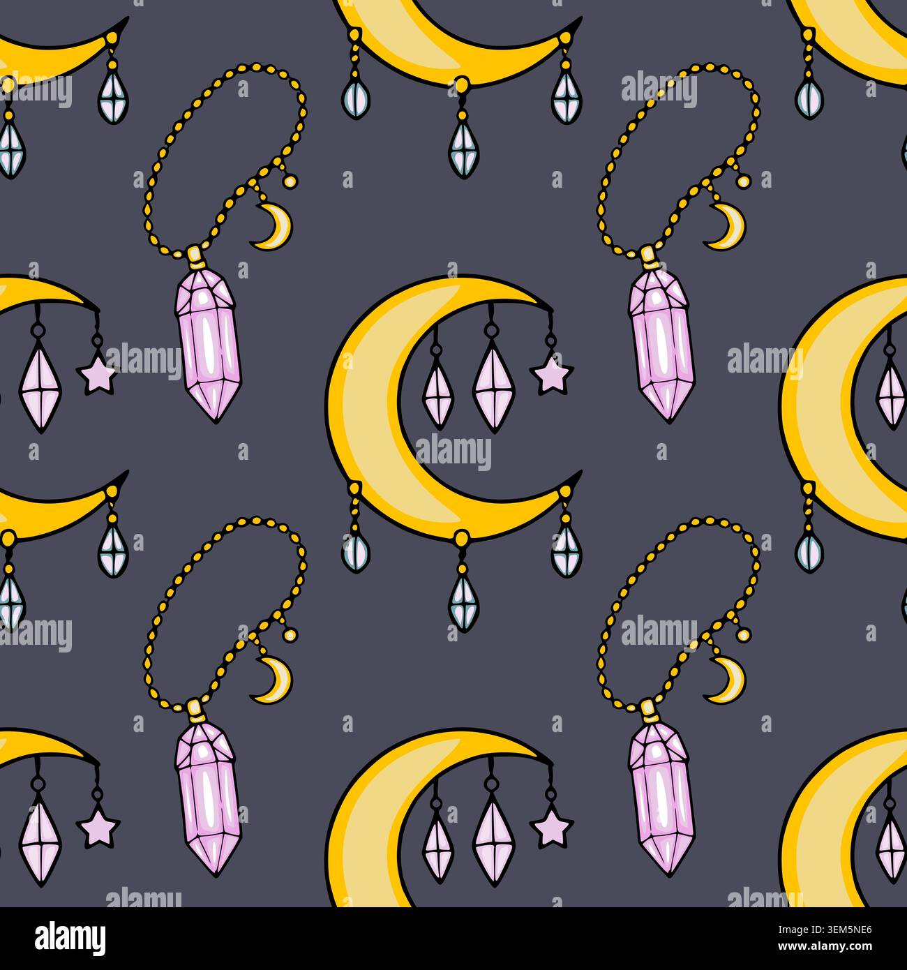 Whimsical crescent moon and crystal pendant vector seamless pattern Stock Vector