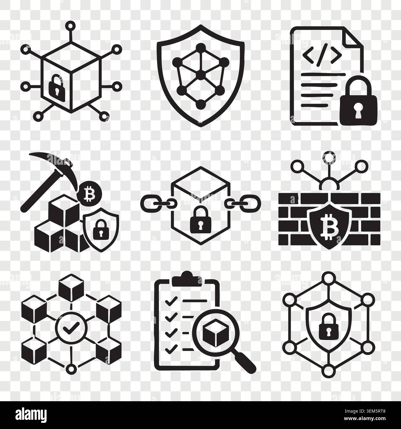 Crypto mining factory icons collection with pickaxe block data server document code and security firewall Stock Vector