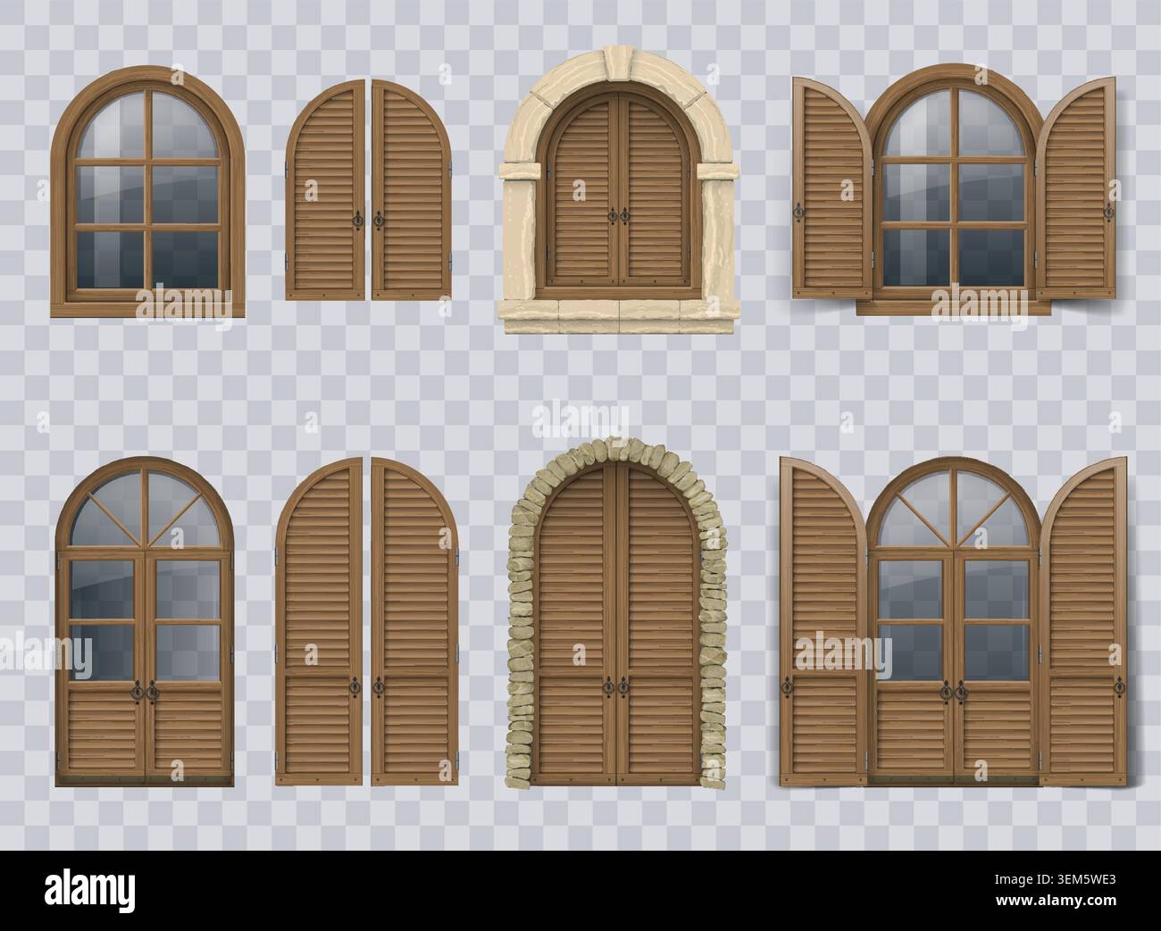 Wooden window and doors with shutters Stock Vector