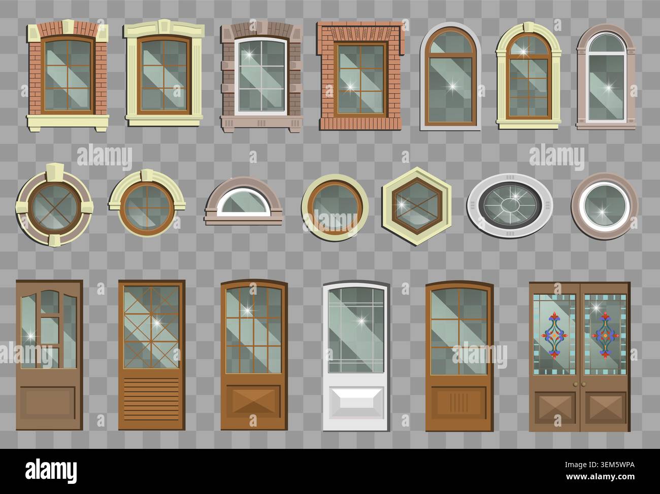 Set of different classical windows and doors. Stock Vector