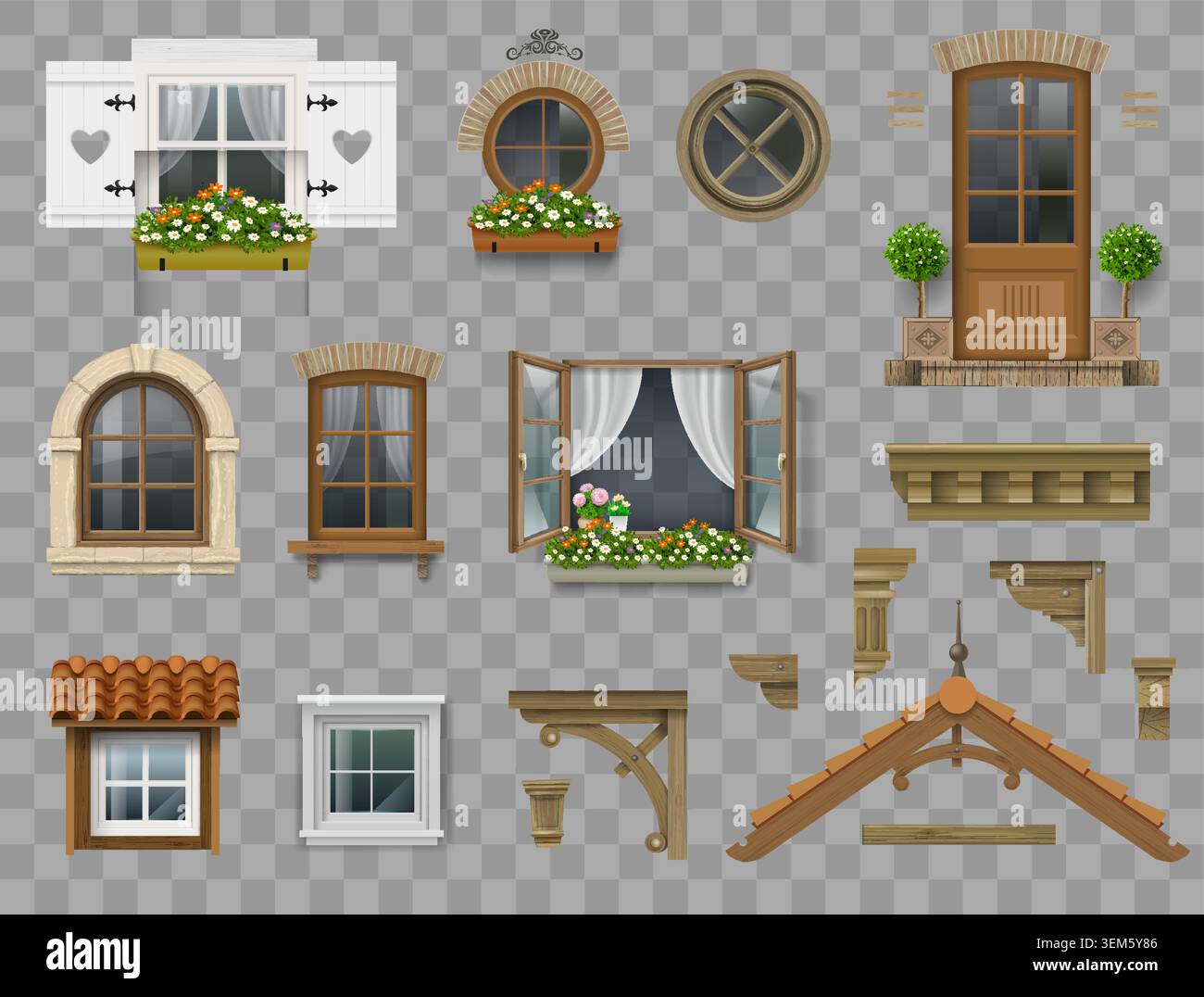 A set of various wooden facade elements Stock Vector
