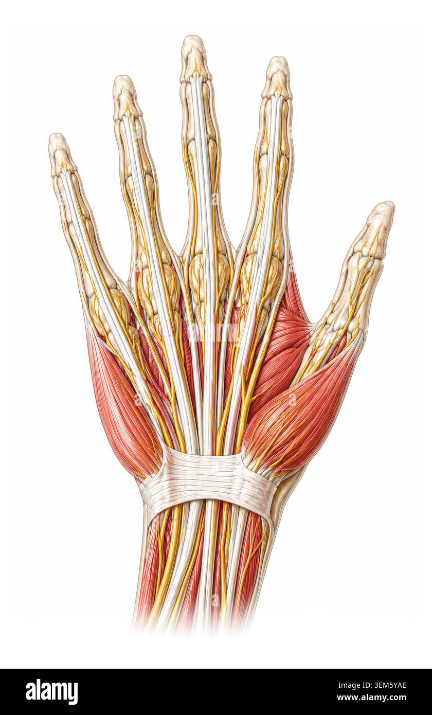 Detailed medical illustration of human hand anatomy showing nerves ...