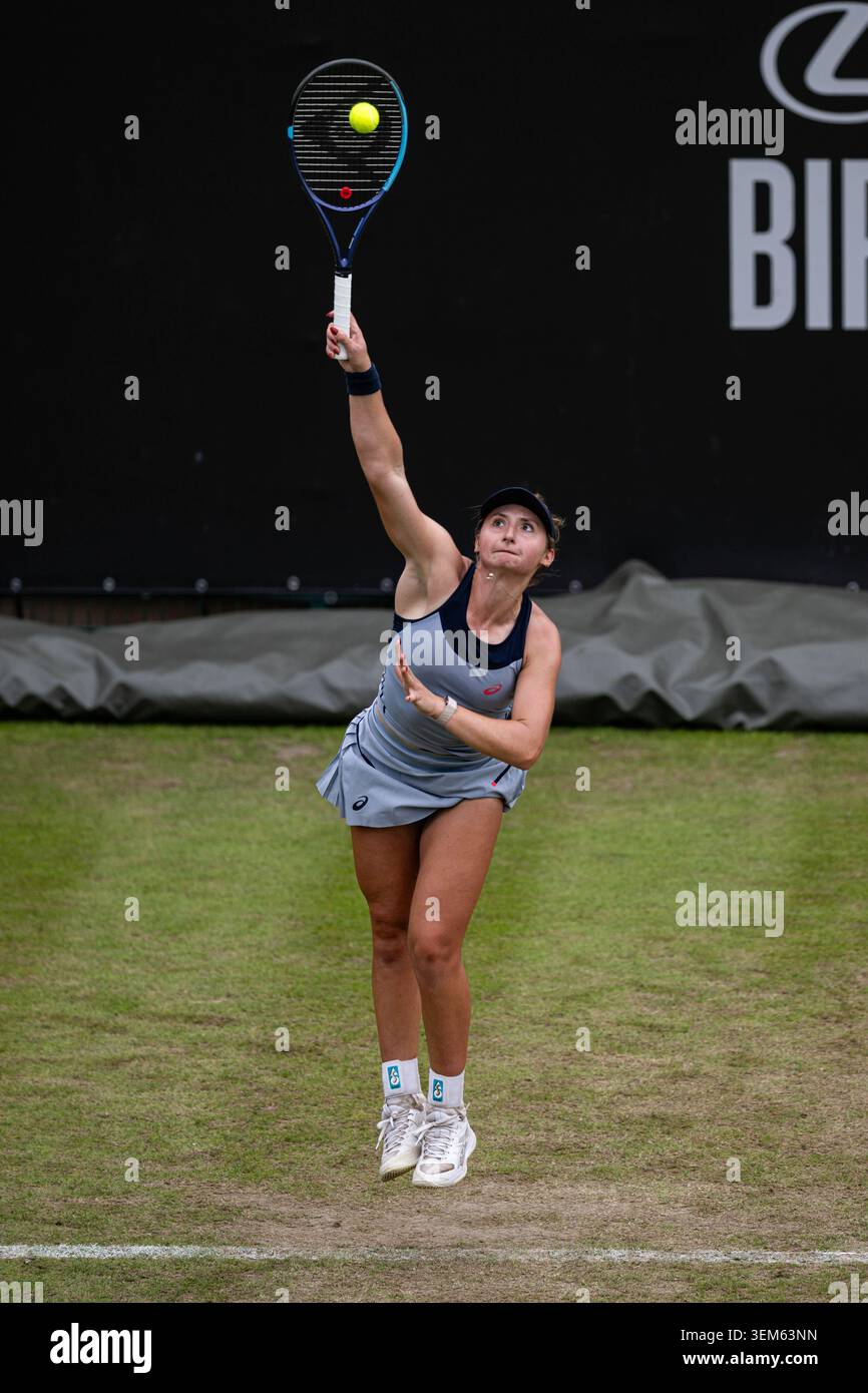 5th June 2026; The Edgbaston Priory Club, Birmingham, Midlands, England; 2026 Lexus Birmingham Open Tennis, Day Seven; Mary Stoiana (USA) serves in her quarter final match against Rebeka Masarova (SUI) Stock Photo