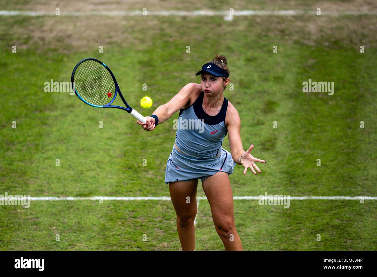 5th June 2026; The Edgbaston Priory Club, Birmingham, Midlands, England; 2026 Lexus Birmingham Open Tennis, Day Seven; Mary Stoiana (USA) plays a volley in her quarter final match against Rebeka Masarova (SUI) Stock Photo