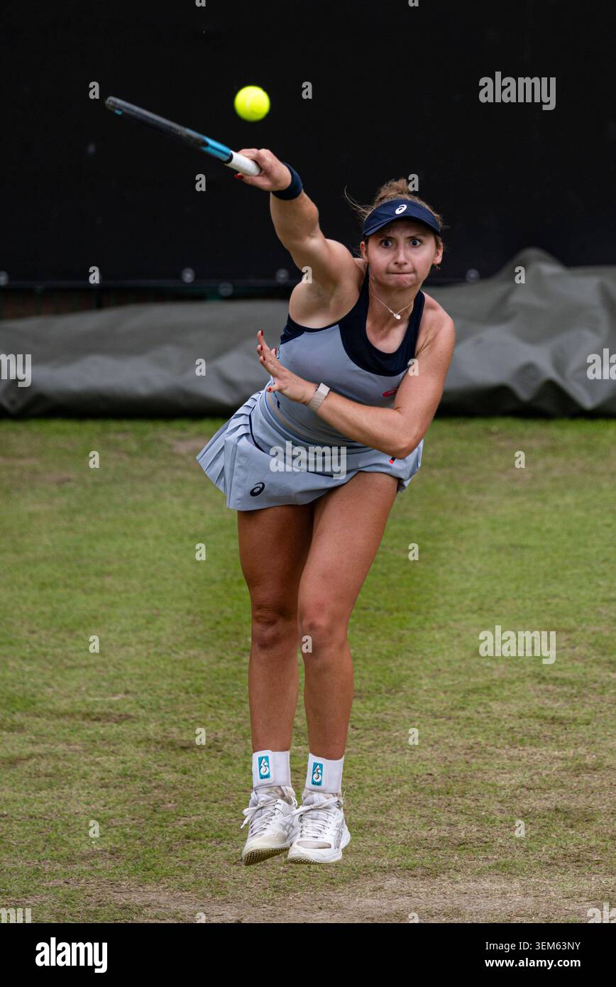 5th June 2026; The Edgbaston Priory Club, Birmingham, Midlands, England; 2026 Lexus Birmingham Open Tennis, Day Seven; Mary Stoiana (USA) serves in her quarter final match against Rebeka Masarova (SUI) Stock Photo
