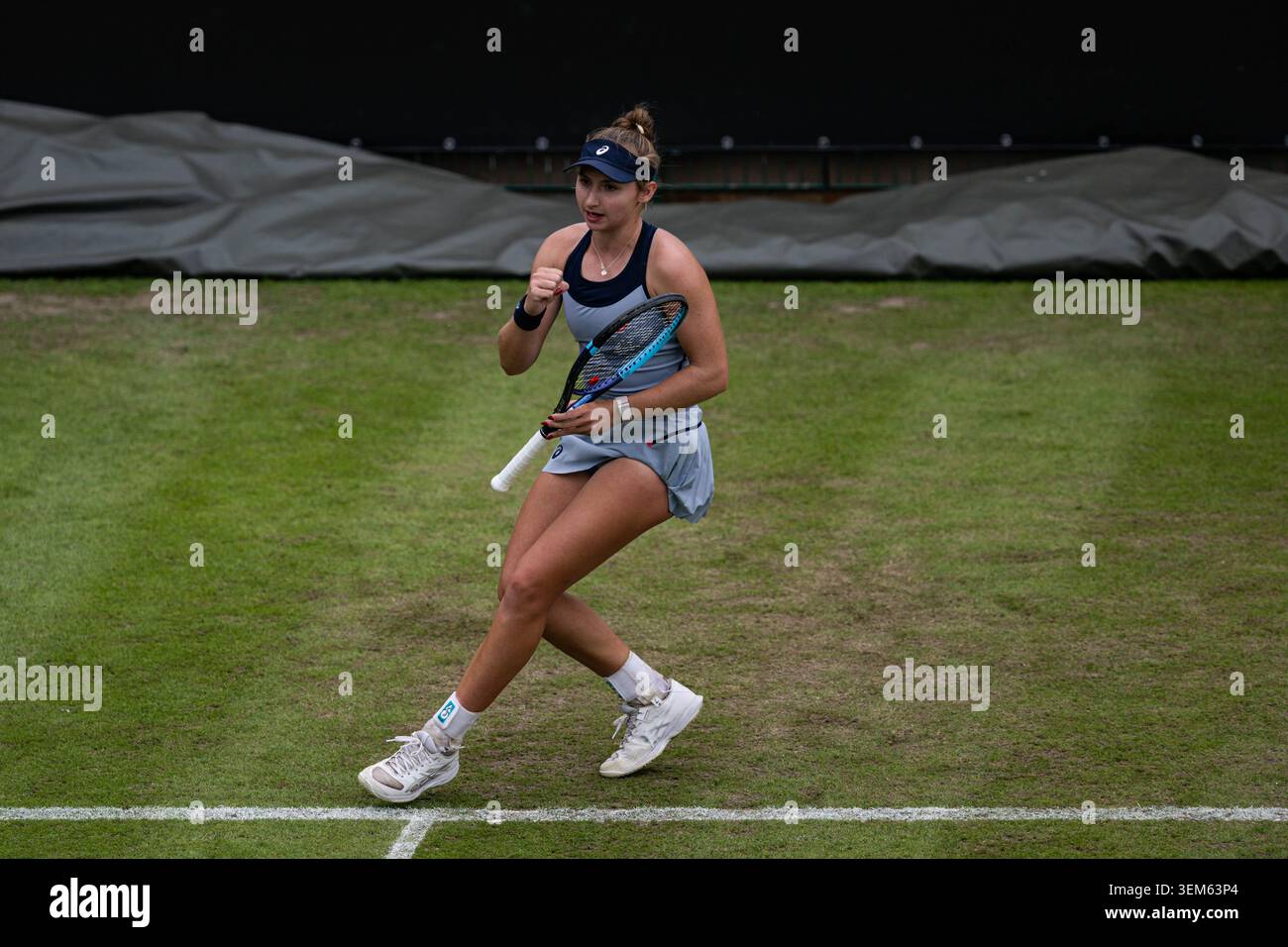 5th June 2026; The Edgbaston Priory Club, Birmingham, Midlands, England; 2026 Lexus Birmingham Open Tennis, Day Seven; Mary Stoiana (USA) celebrates winning a point in her quarter final match against Rebeka Masarova (SUI) Stock Photo