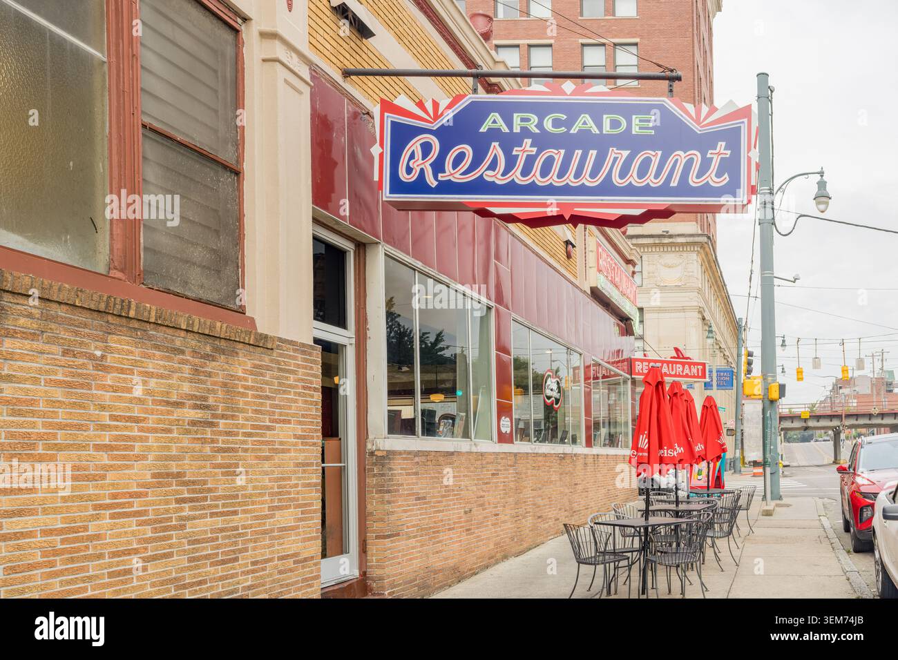 Memphis, United States, MAY 25, 2026 - Street level view of the Arcade ...