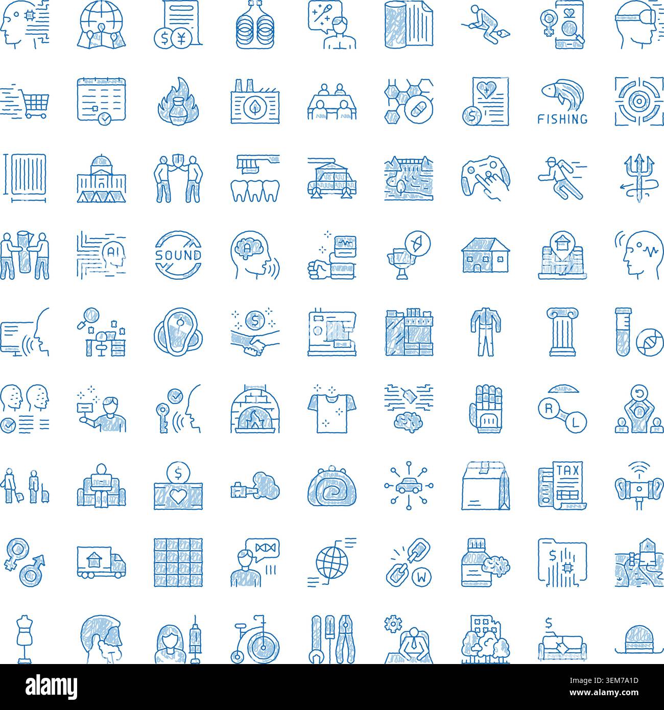 Blue doodle line icons set representing diverse concepts Stock Vector