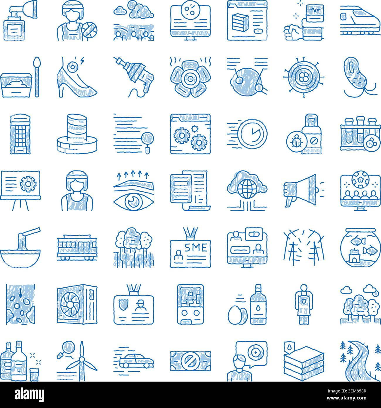 Blue hand drawn doodle icons representing technology and science Stock Vector