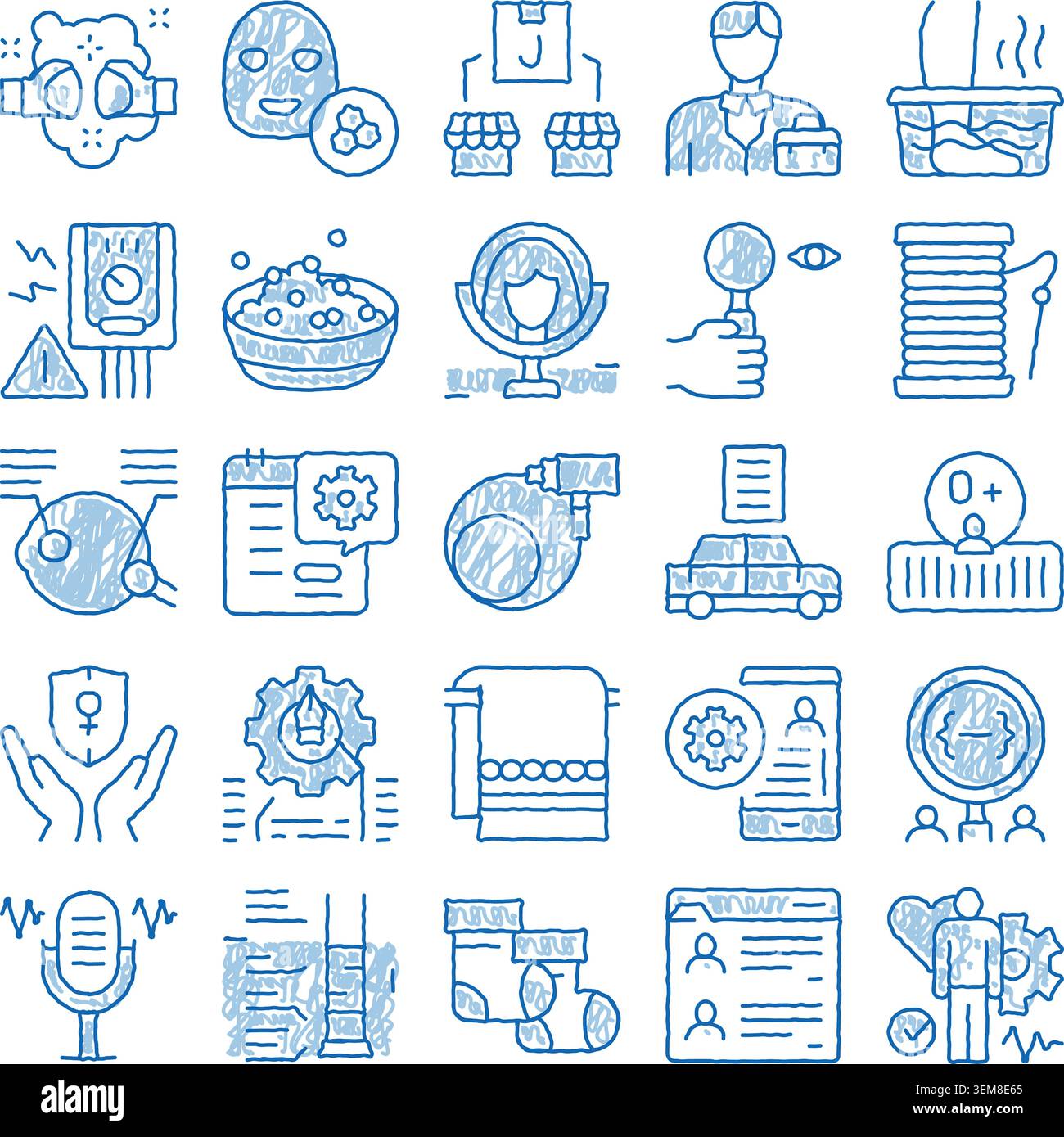 Blue sketch line drawing icons set vector Stock Vector