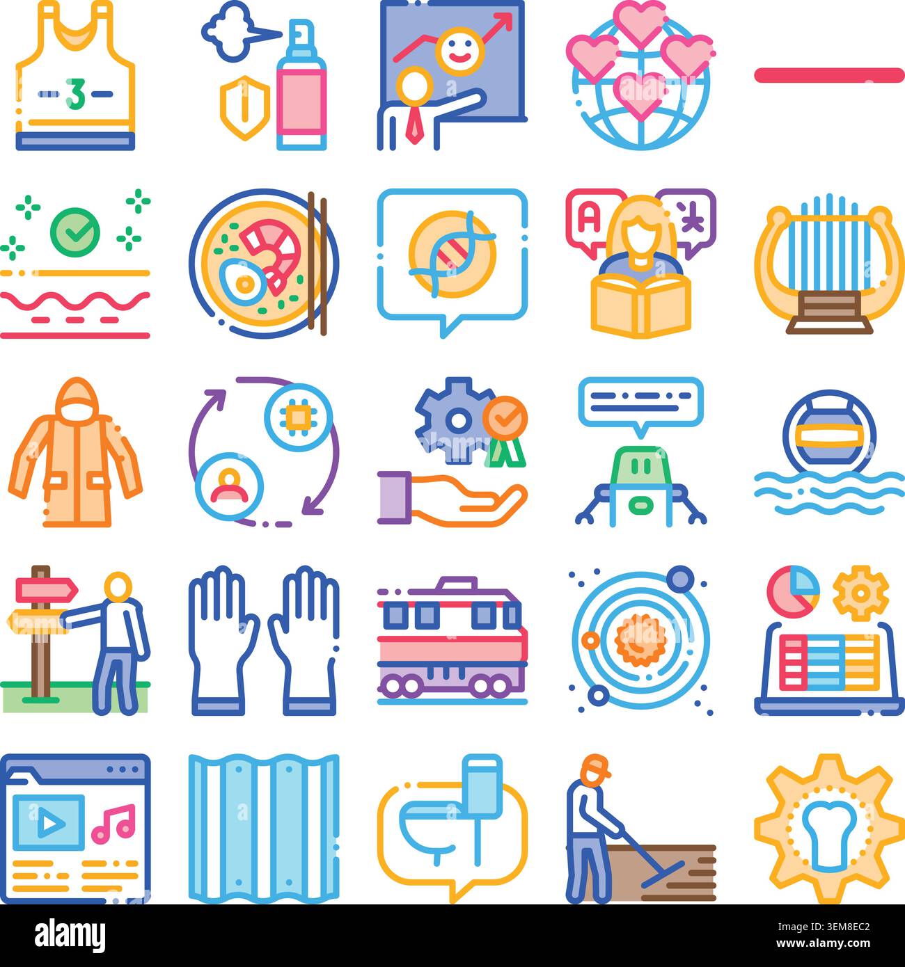 Diverse collection of icons illustrating various aspects of modern life Stock Vector