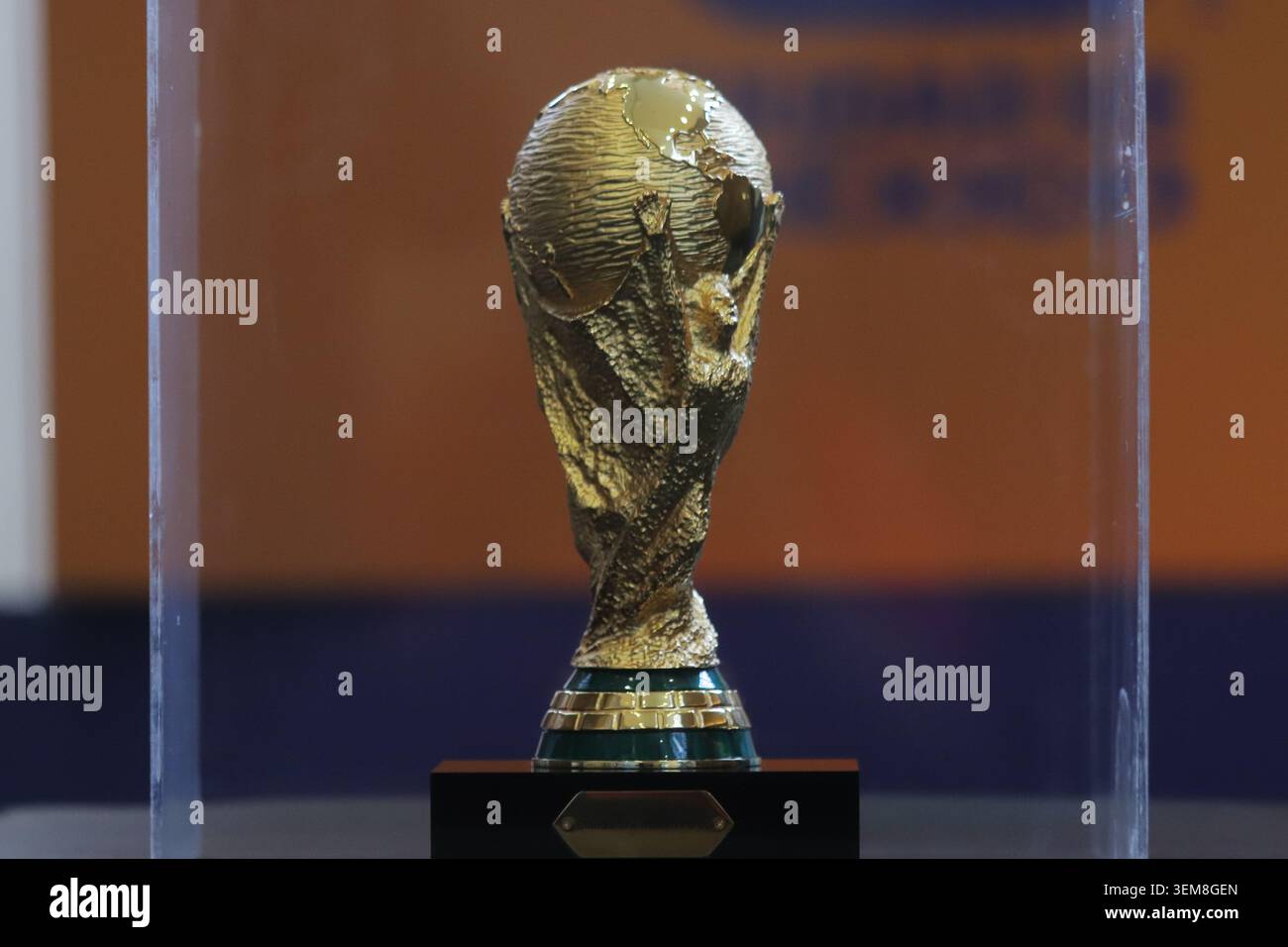 Detail of the official replica of the FIFA World Cup trophy, during the ...