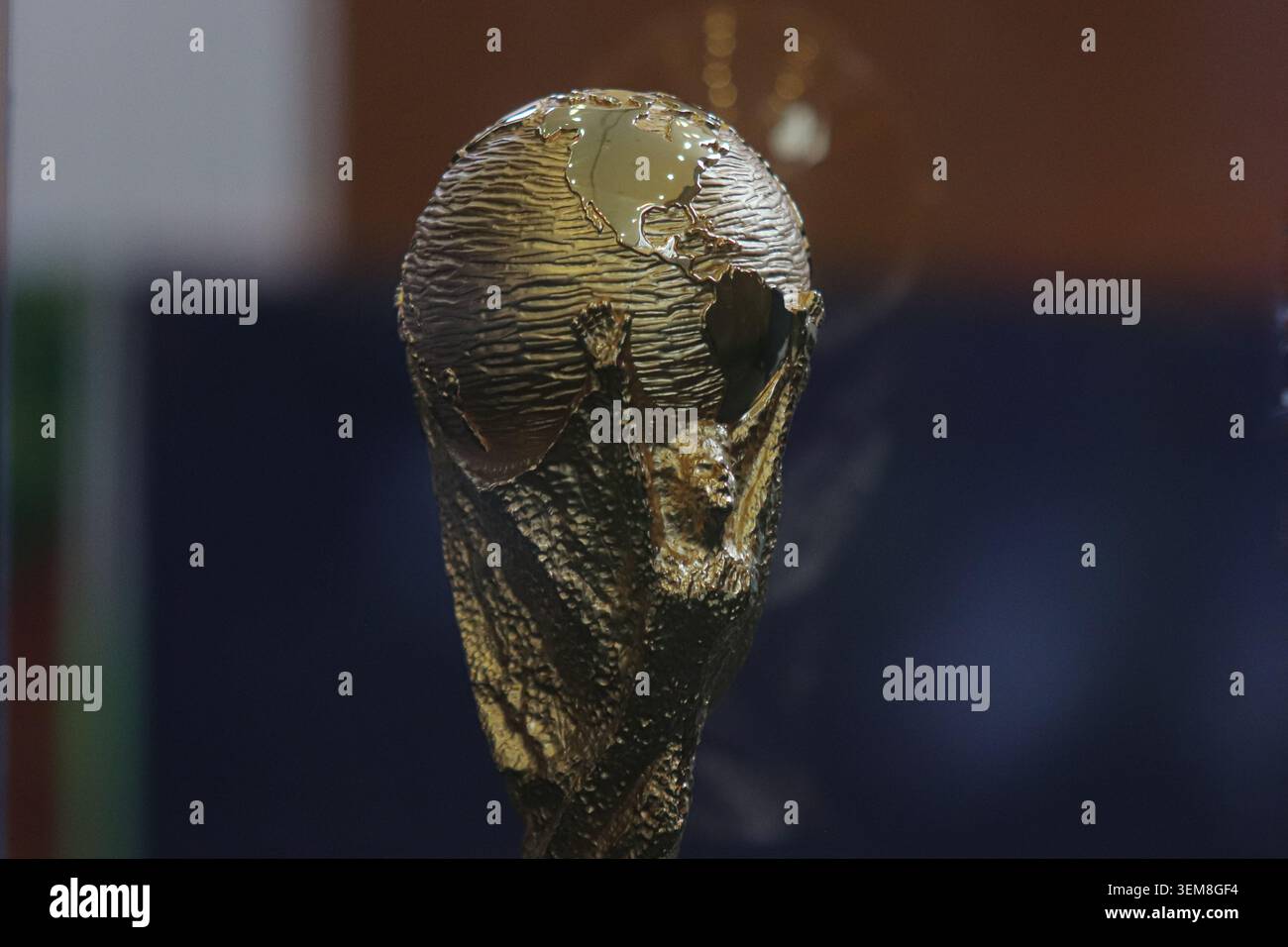 Detail of the official replica of the FIFA World Cup trophy, during the ...