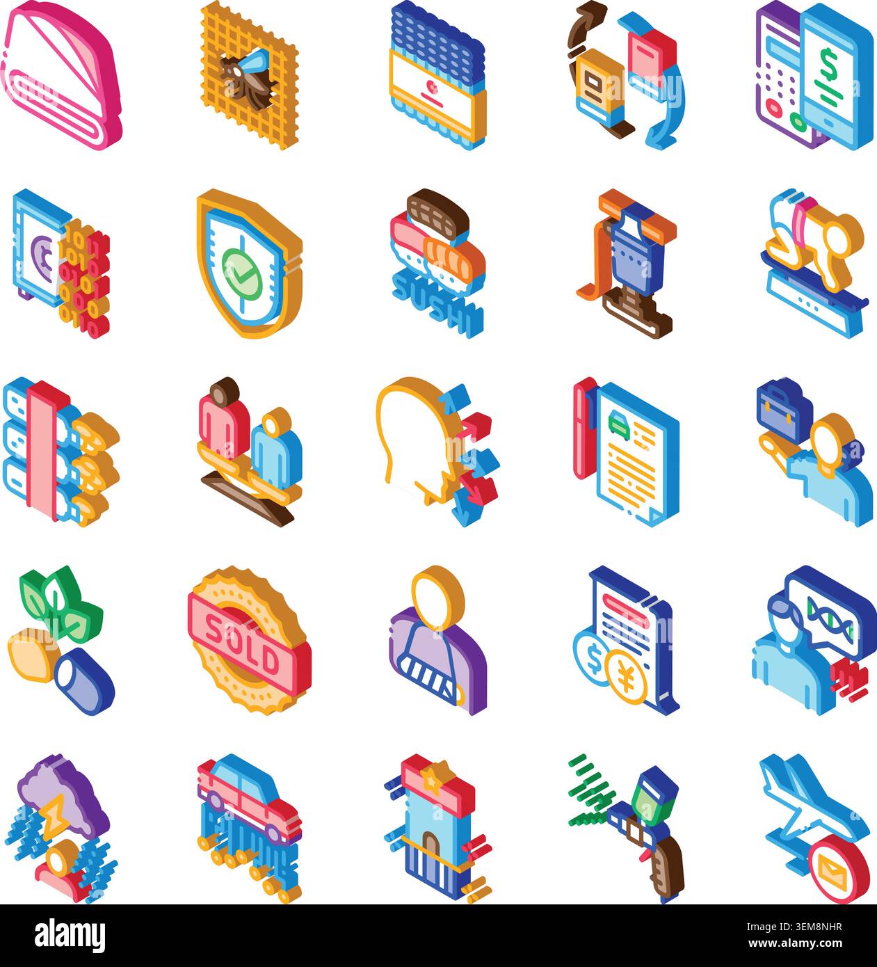 Collection of diverse isometric icons representing services Stock Vector