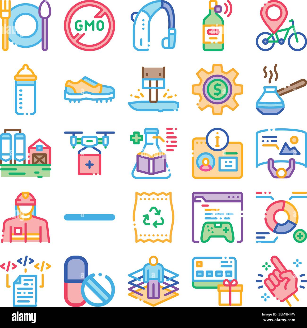 Compiling diverse linear icons representing modern concepts and technologies Stock Vector