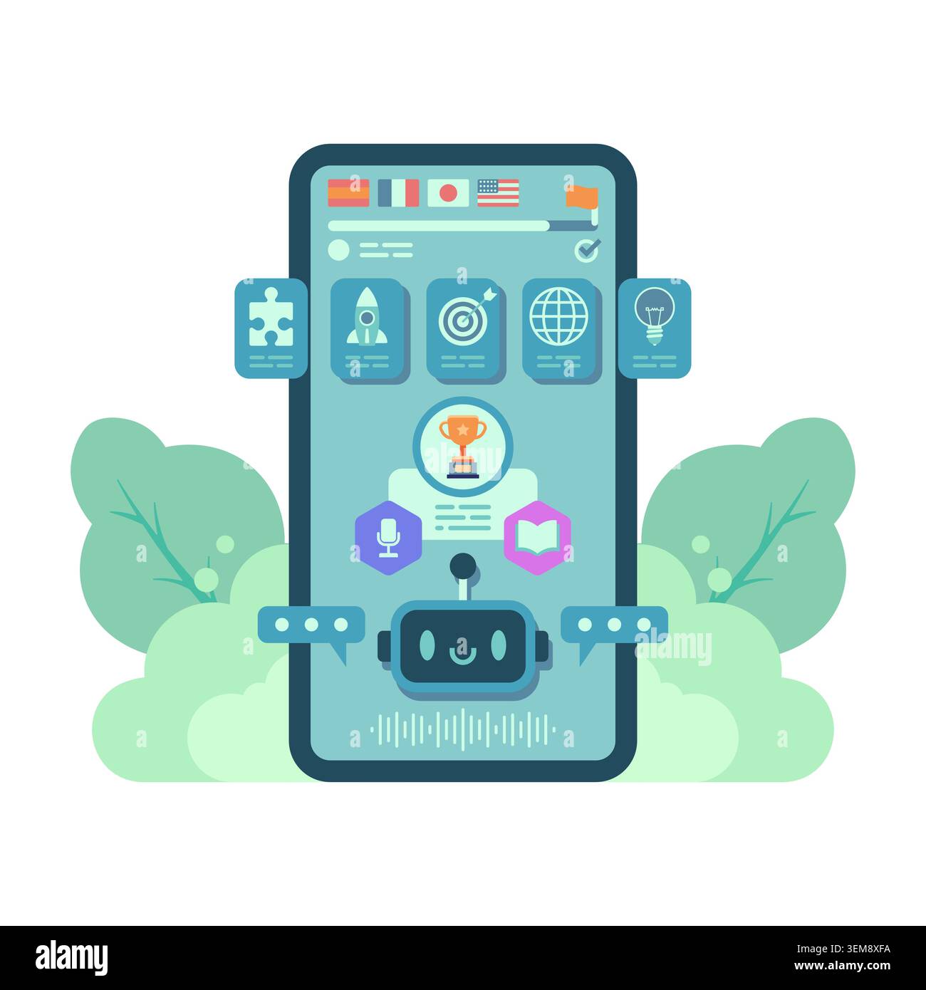AI Language Learning App Dashboard With Chatbot Assistant. Artificial Intelligence Language Learning App Concept Stock Vector
