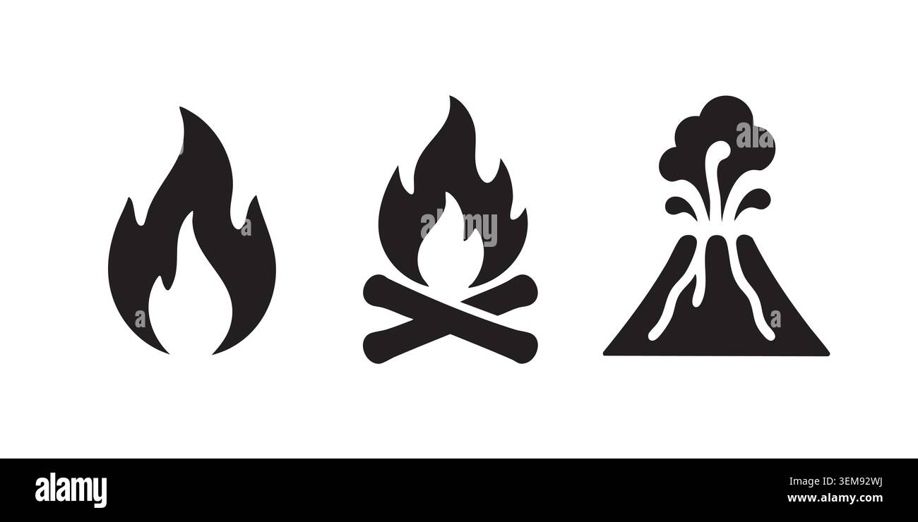 Fire Flame and Volcano Black Silhouette Icon Set Stock Vector