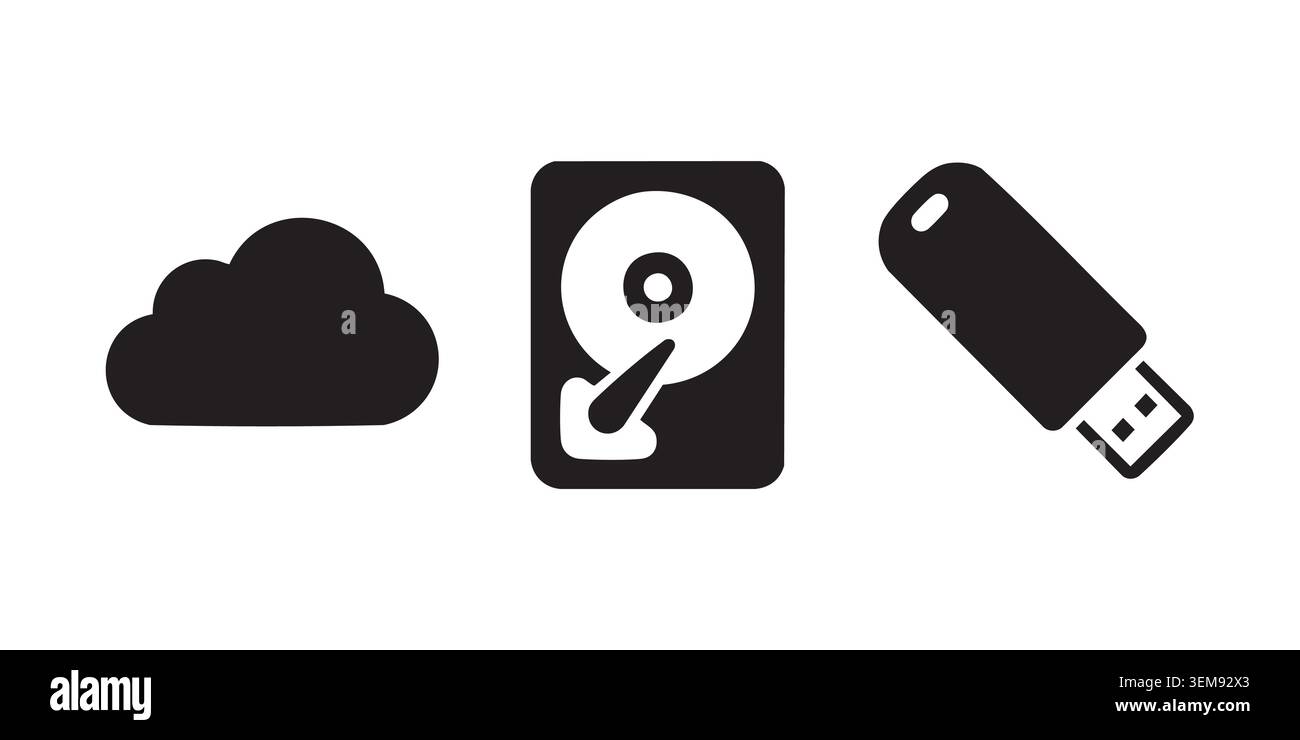 Black Silhouette Cloud, Storage Technology Icon Set Stock Vector