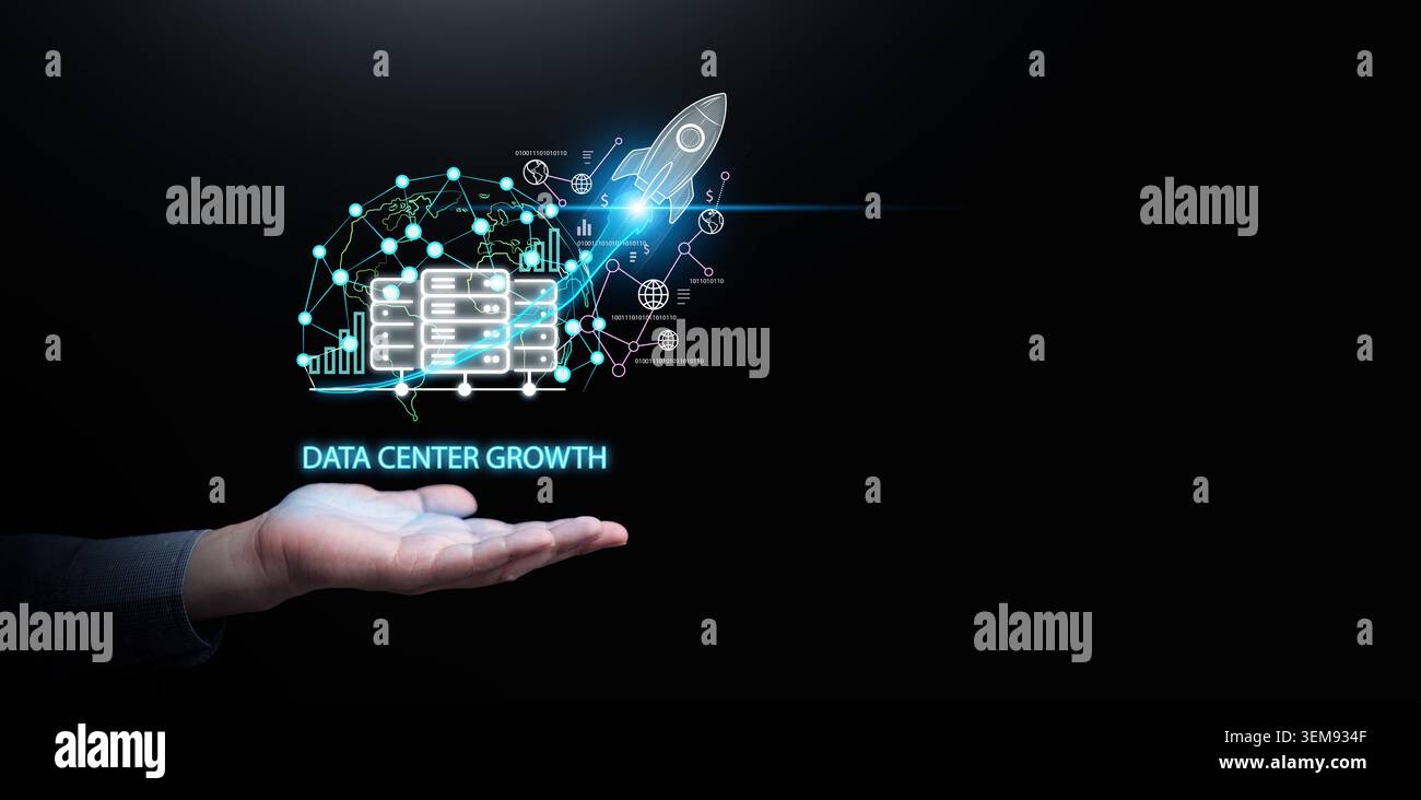 Hand holding digital infrastructure network overlay with data center servers, rocket launch on dark copy space. Cloud computing management, big data s Stock Photo