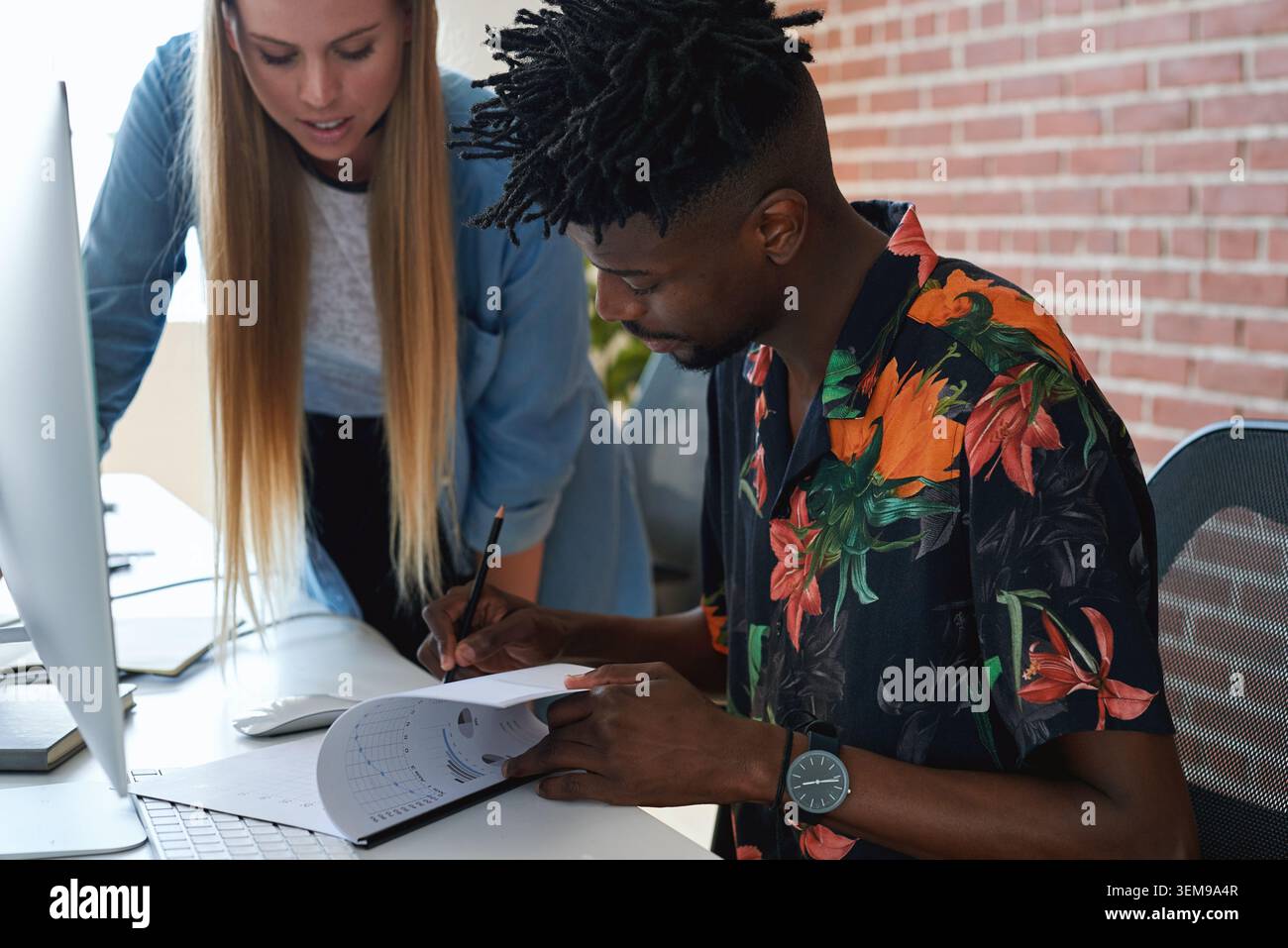 Training, programming and people in office with document, data analysis and report for server update. Team programmer or reading with pc for IT Stock Photo