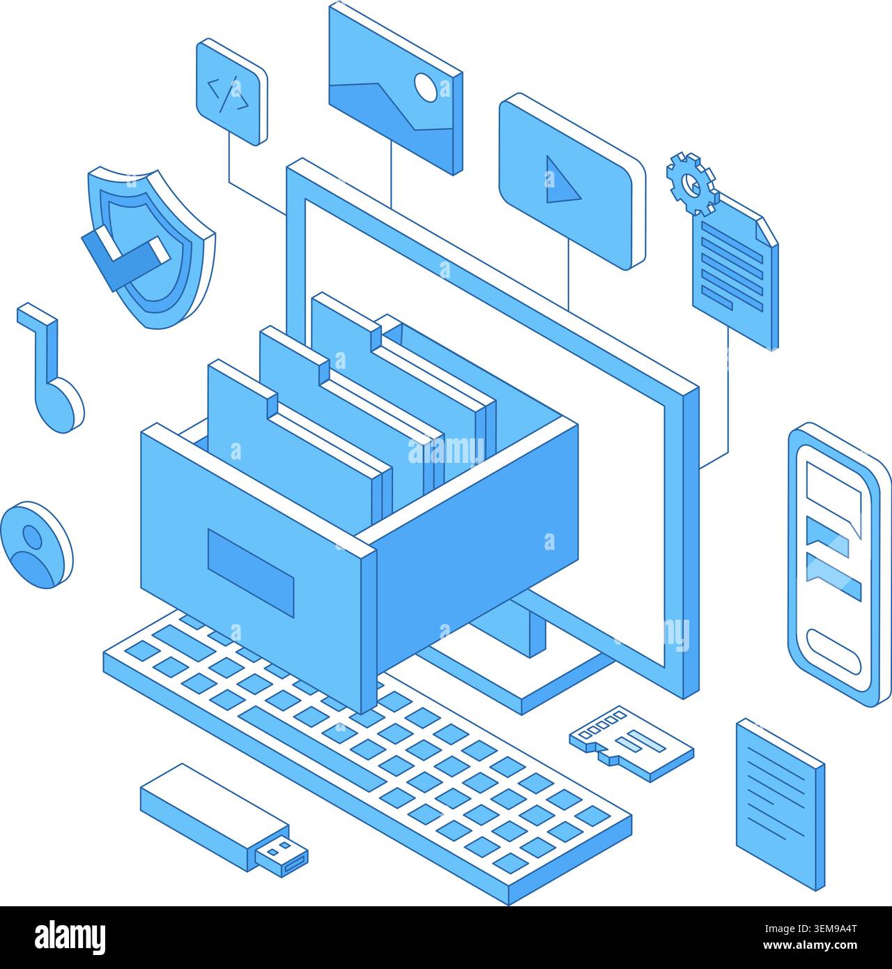 Isometric documents digital storage. Electronic document organization, files database, safety folders and docs, self info, nifty vector scene Stock Vector
