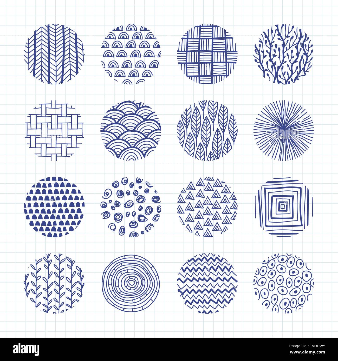 Abstract patterns. Vector set with hand drawn circles striped textures and geometric doodle elements in recent style Stock Vector