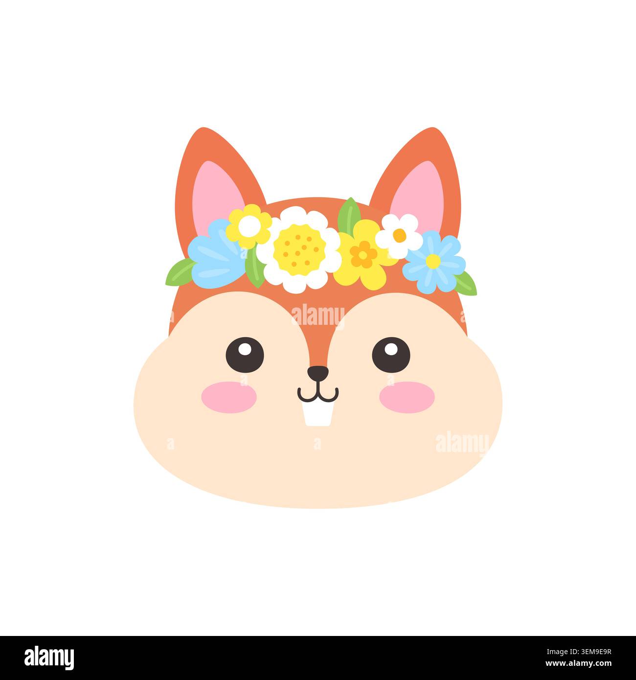 Cute Kawaii Squirrel Face with Flower Crown Flat Vector Illustration on White Background Stock Vector
