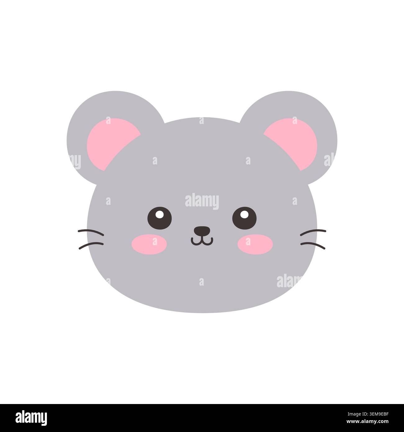 Cute Kawaii Mouse Face Flat Vector Illustration on White Background Stock Vector