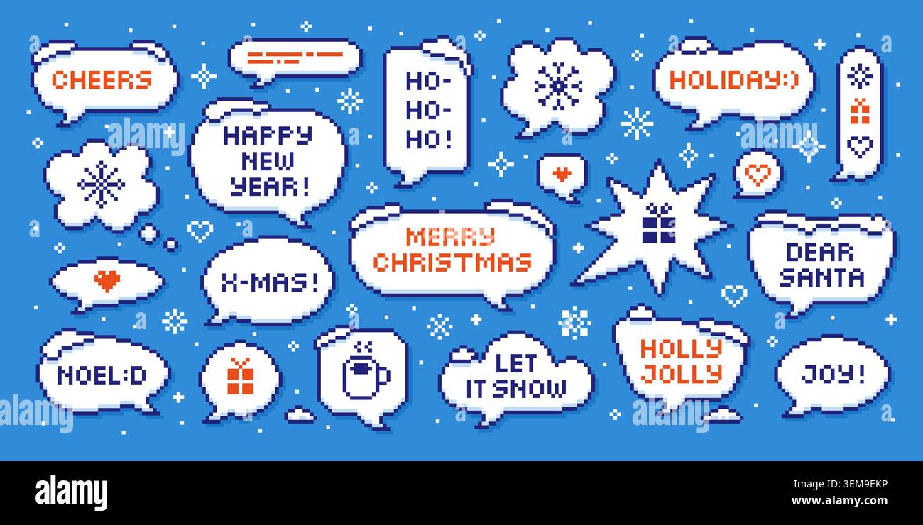 Christmas pixel art bubbles. Y2k design elements, winter holidays speech bubble with snow caps and festive text. New year retro, tidy vector set Stock Vector
