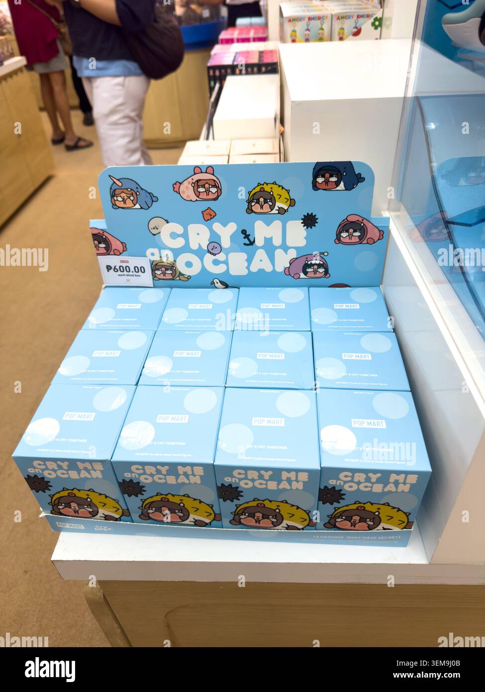 Cry Me an Ocean blind box collectibles displayed for sale at the first Pop Mart event at Ayala Centre Cebu, Cebu City, Philippines. Stock Photo