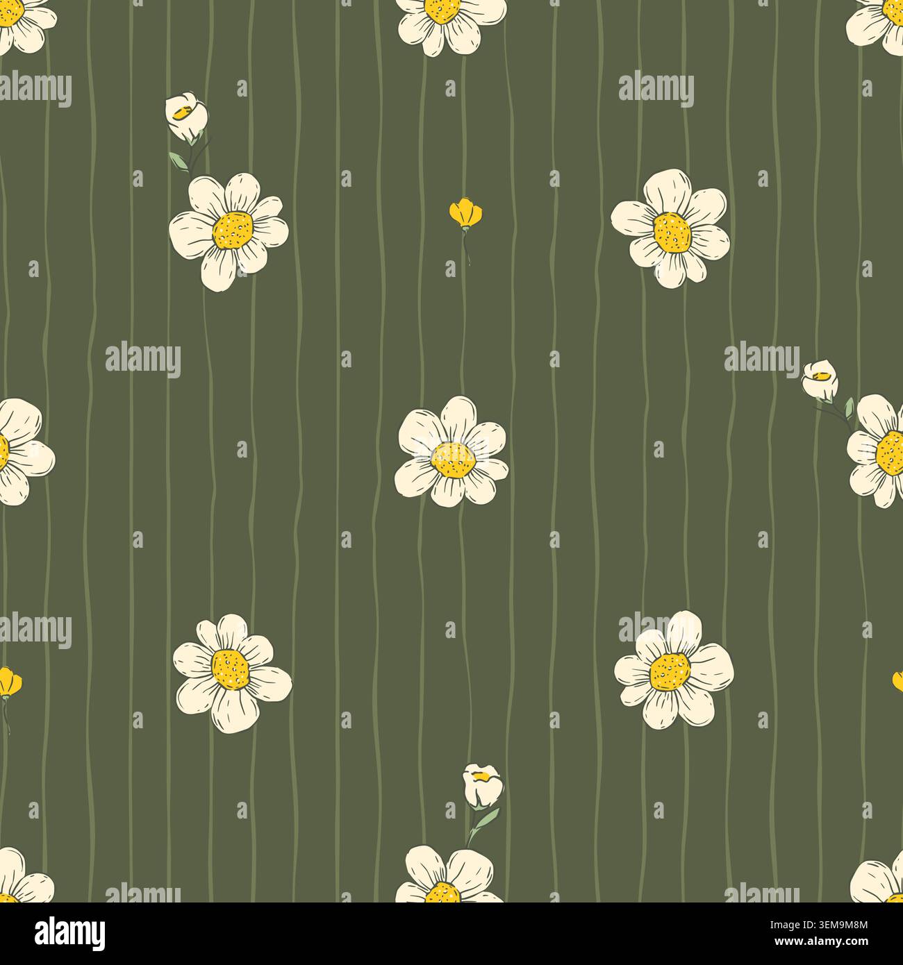 Whimsical Tiny Daisy Flower Seamless Pattern With Stripes Floral Spring Summer Vector Background Stock Vector