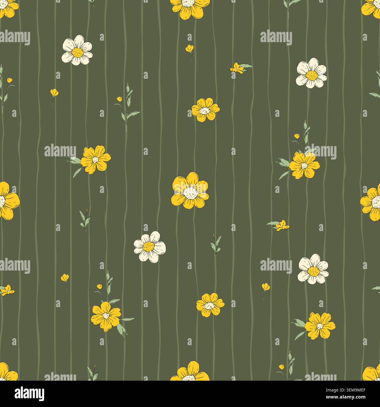 Tiny Daisy Flowers Whimsical Seamless Pattern Stripes Spring Summer Floral Vector Background Stock Vector
