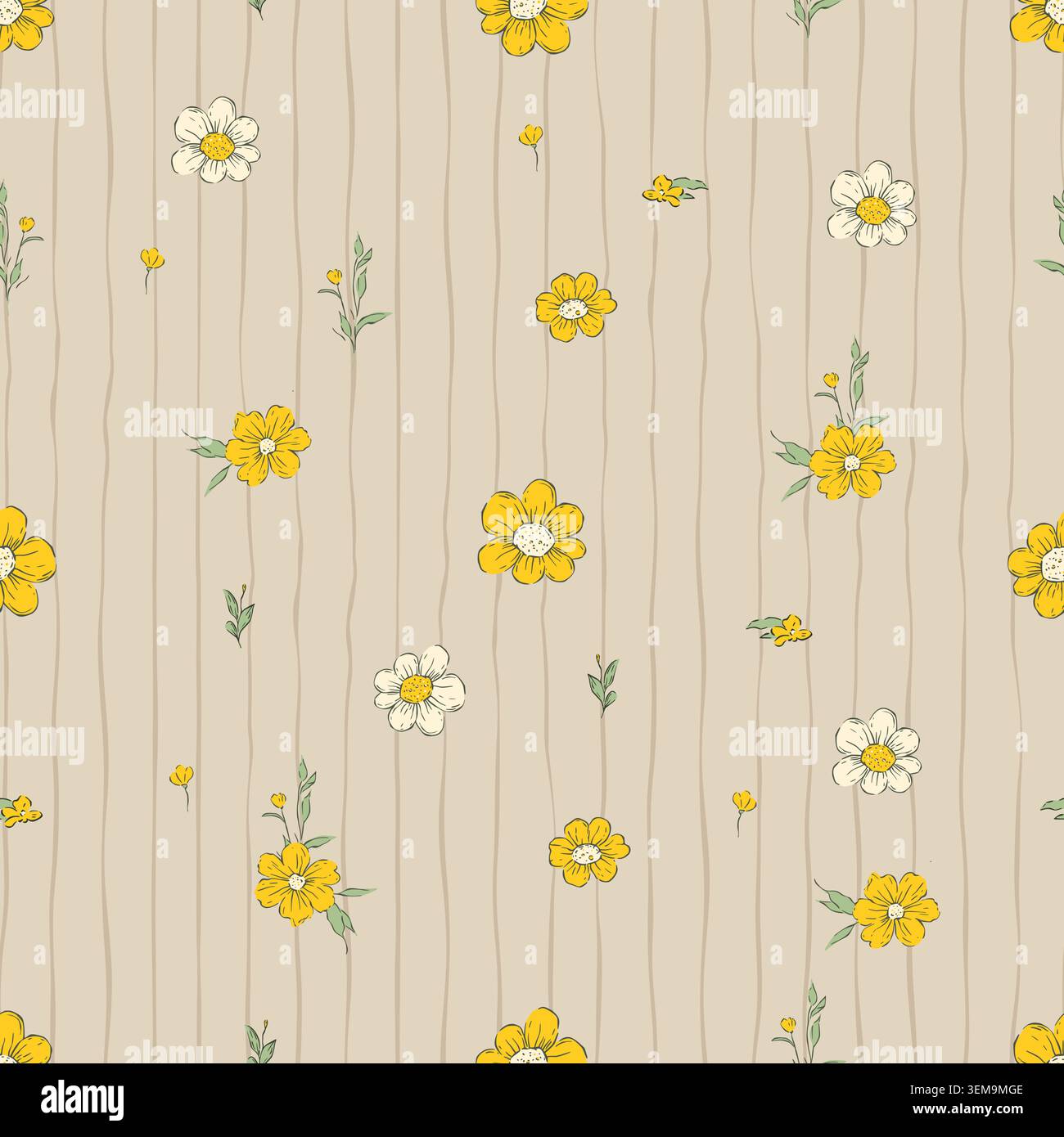 Tiny Daisy Flowers Whimsical Seamless Pattern Stripes Spring Summer Floral Vector Background Stock Vector