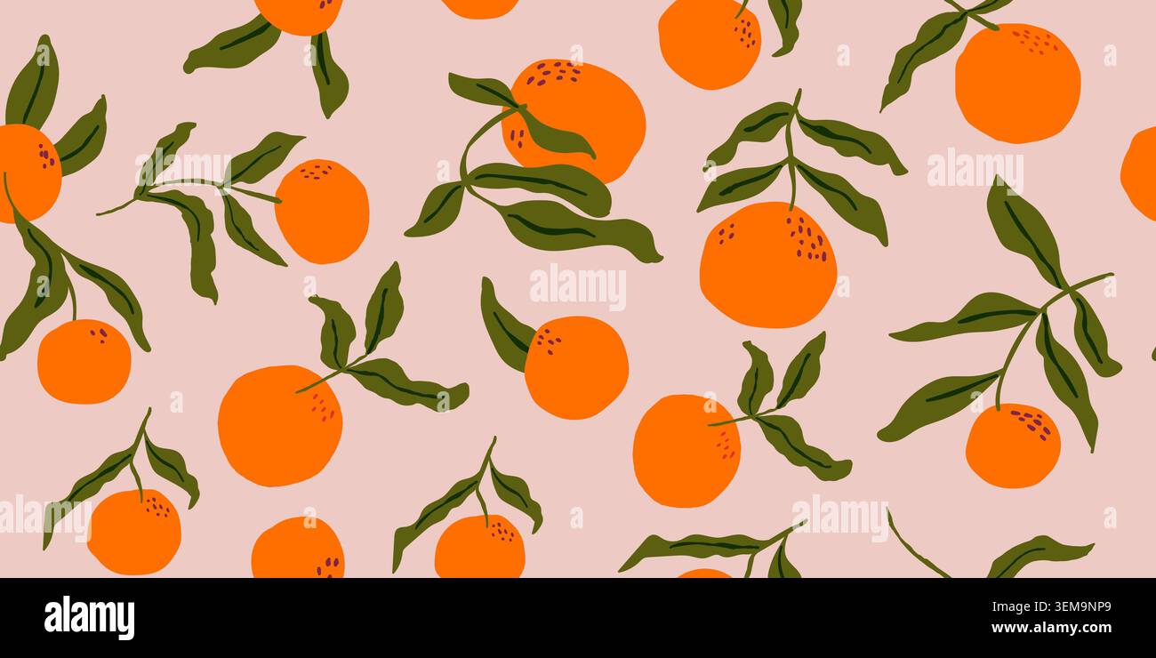 oranges fruits seamless pattern with leaves. Vector illustration Stock Vector