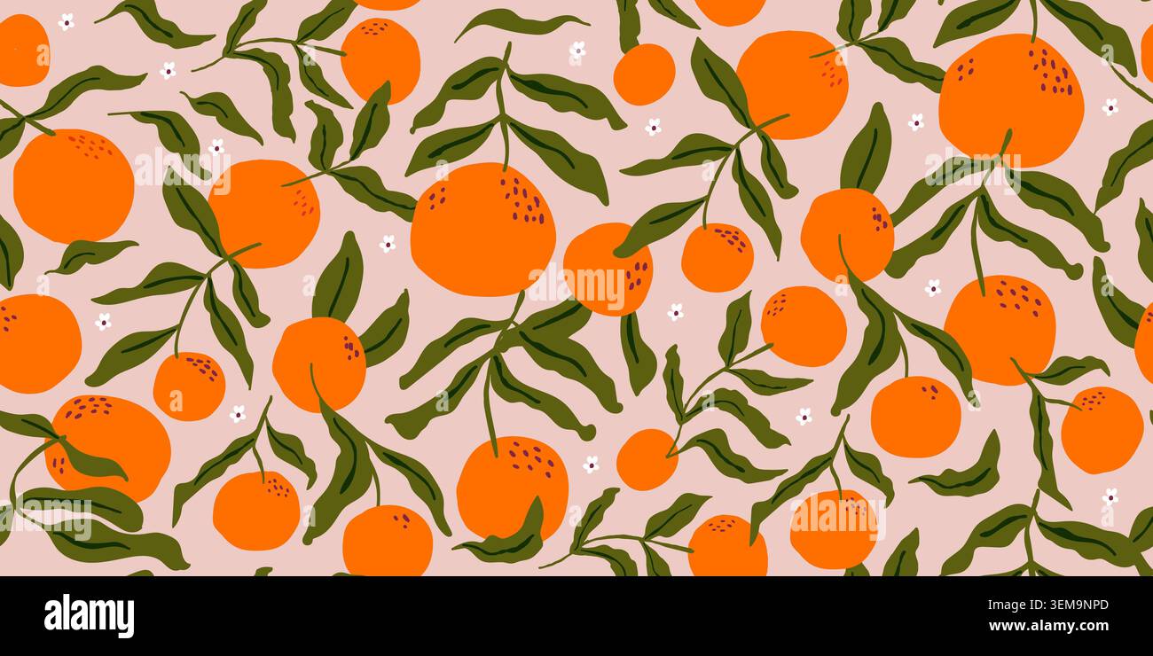 oranges fruits seamless pattern with leaves. Vector illustration Stock Vector