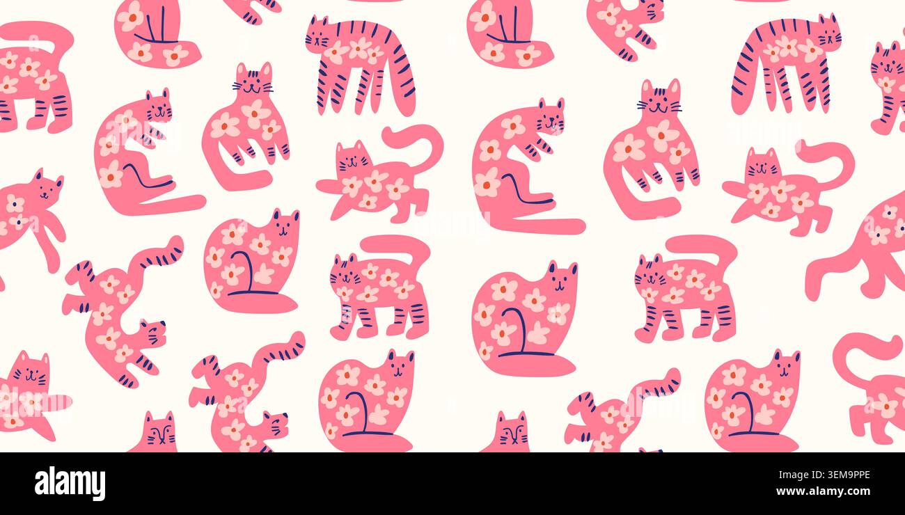 vector seamless pattern with cute cats with flowers in warm colors, childrens pattern. Vector illustration Stock Vector