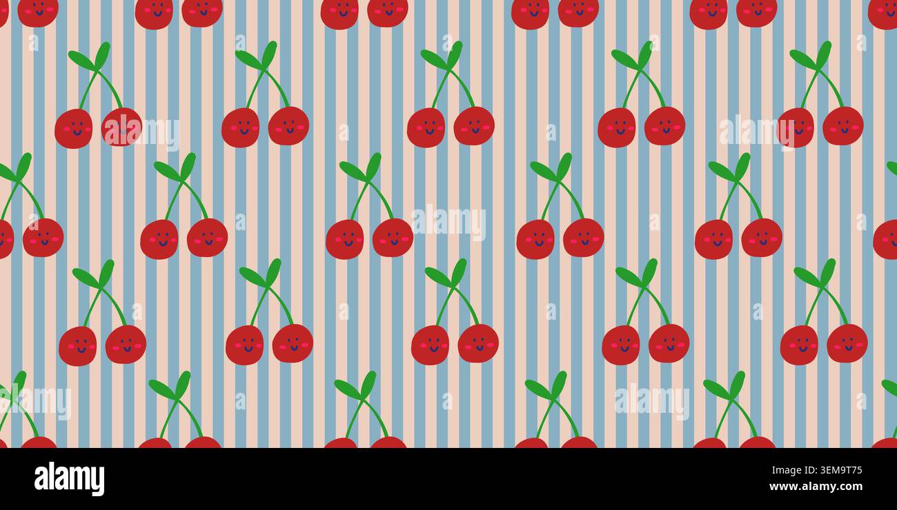 vector seamless pattern with cherries and blue stripes, trendy children pattern. Vector illustration Stock Vector