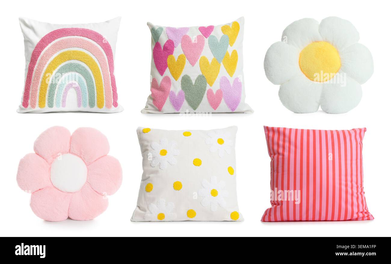 Different throw pillows isolated on white, set Stock Photo